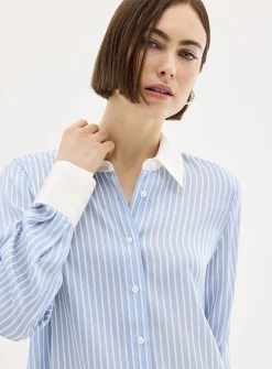 Sky-blue striped pure silk shirt
