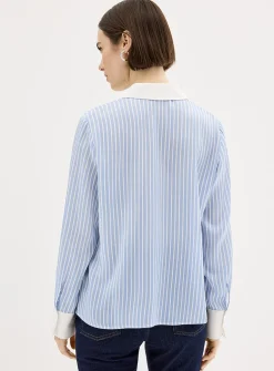 Sky-blue striped pure silk shirt