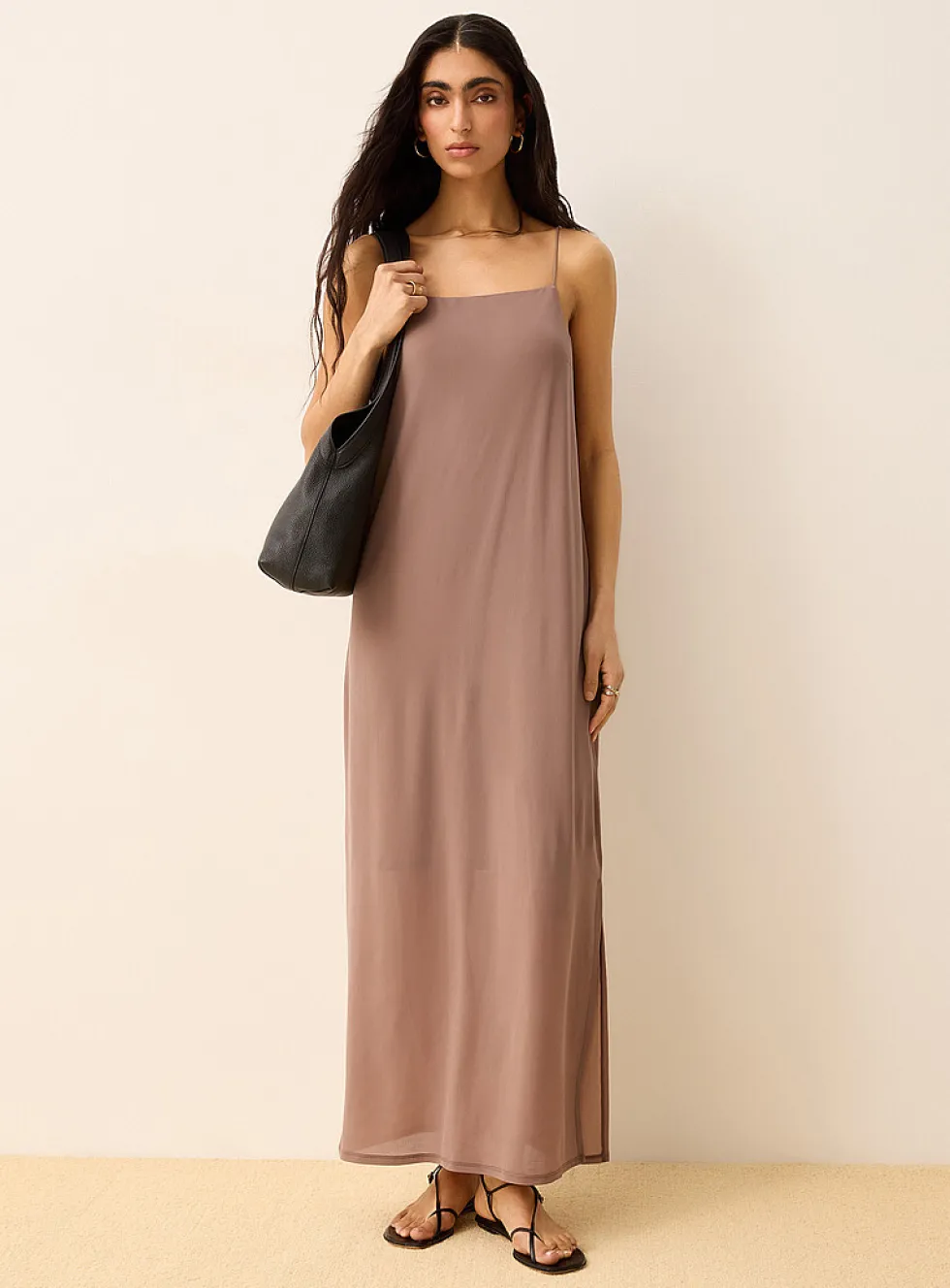 Slim straps side slit maxi micromesh dress