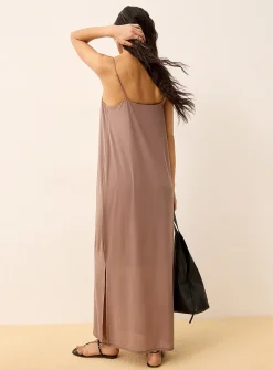 Slim straps side slit maxi micromesh dress