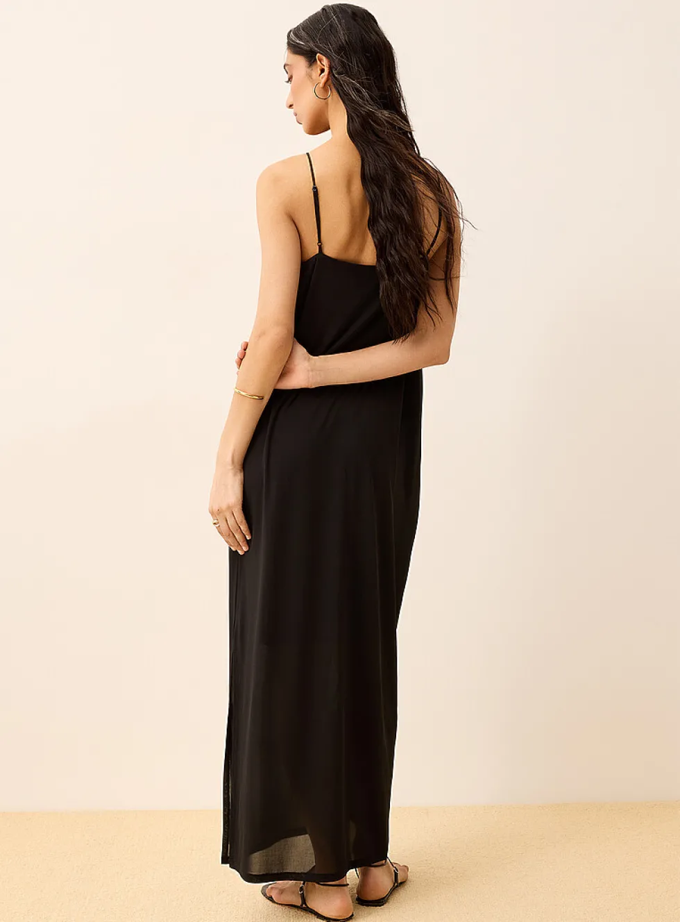 Slim straps side slit maxi micromesh dress