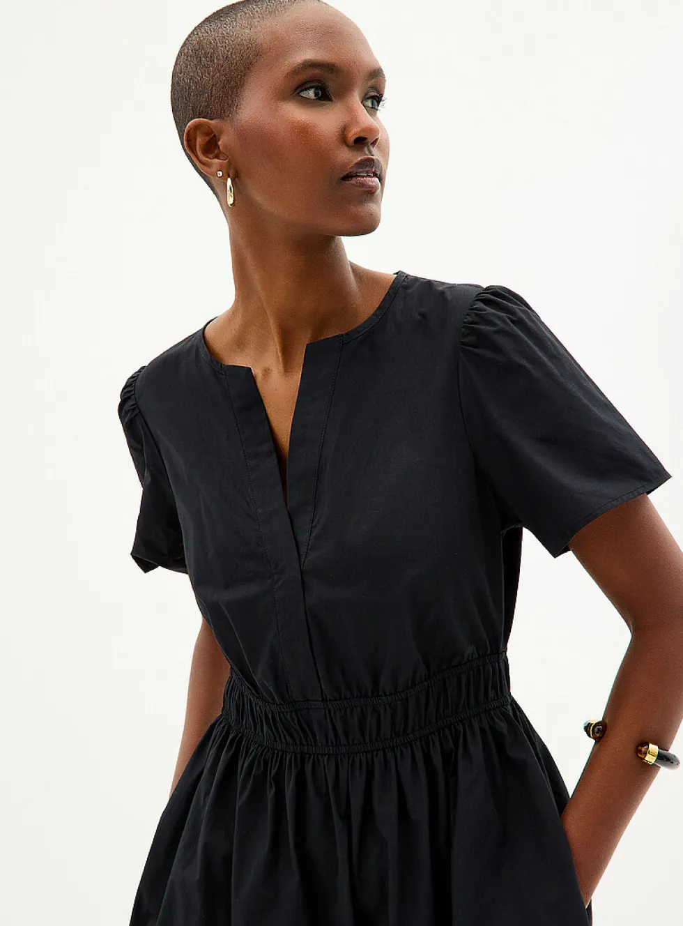 Slit-collar tiered poplin dress