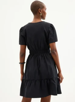 Slit-collar tiered poplin dress
