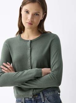 Small-button fine-knit cardigan