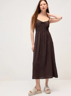 Smocked bust linen-blend midi dress