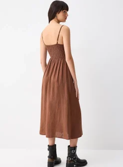 Smocked bust linen-blend midi dress