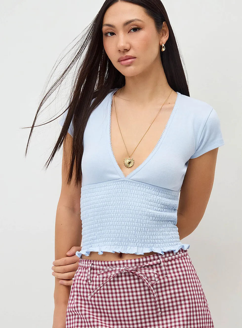Smocked V-neck T-shirt