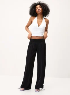 Smocked-waist crinkled-finish pant