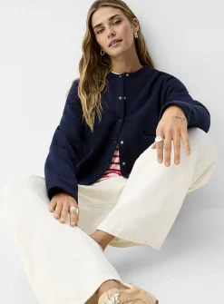 Soft cotton fleece crew-neck boxy cardigan