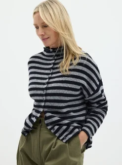 Striped funnel neck cardigan