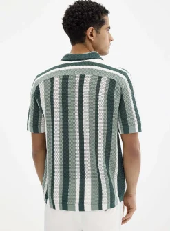 Striped pointelle-knit polo-collar cardigan