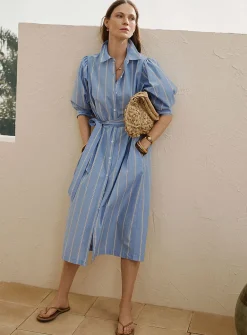 Striped puff-sleeve shirtdress