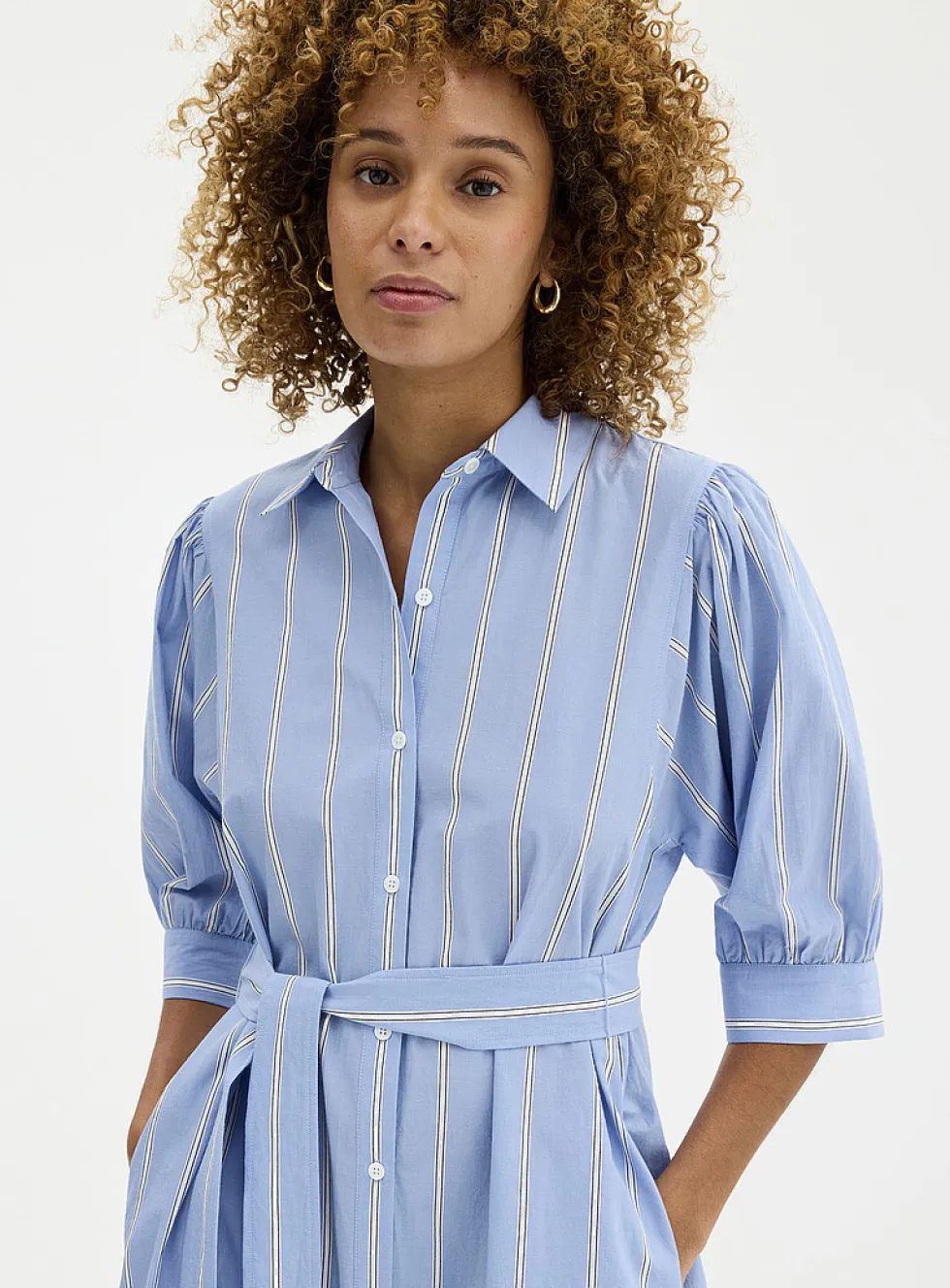 Striped puff-sleeve shirtdress
