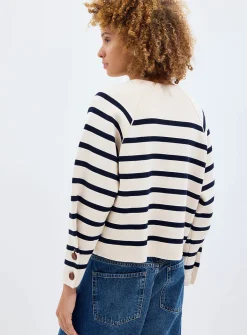 Striped pure cotton balloon-sleeve cardigan