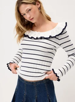 Striped ruffled collar sweater