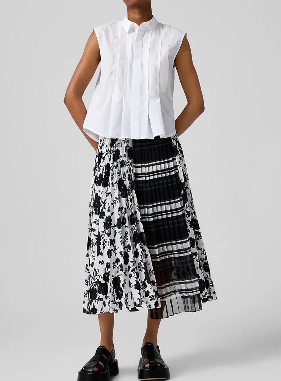 Stripes and flowers pleated midi skirt