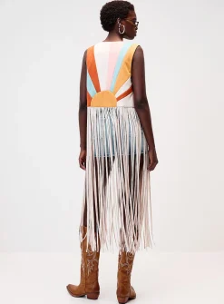 Suede colour-block fringed vest