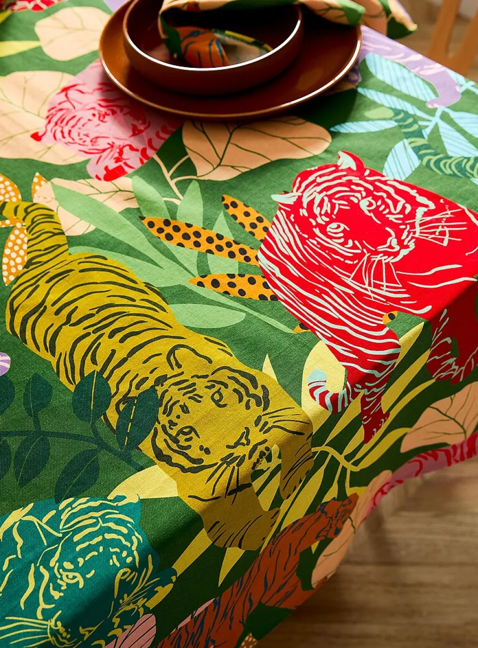 Tasselled colourful tablecloth