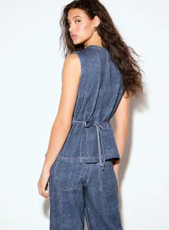 Terry underside faux-denim cinched waist vest