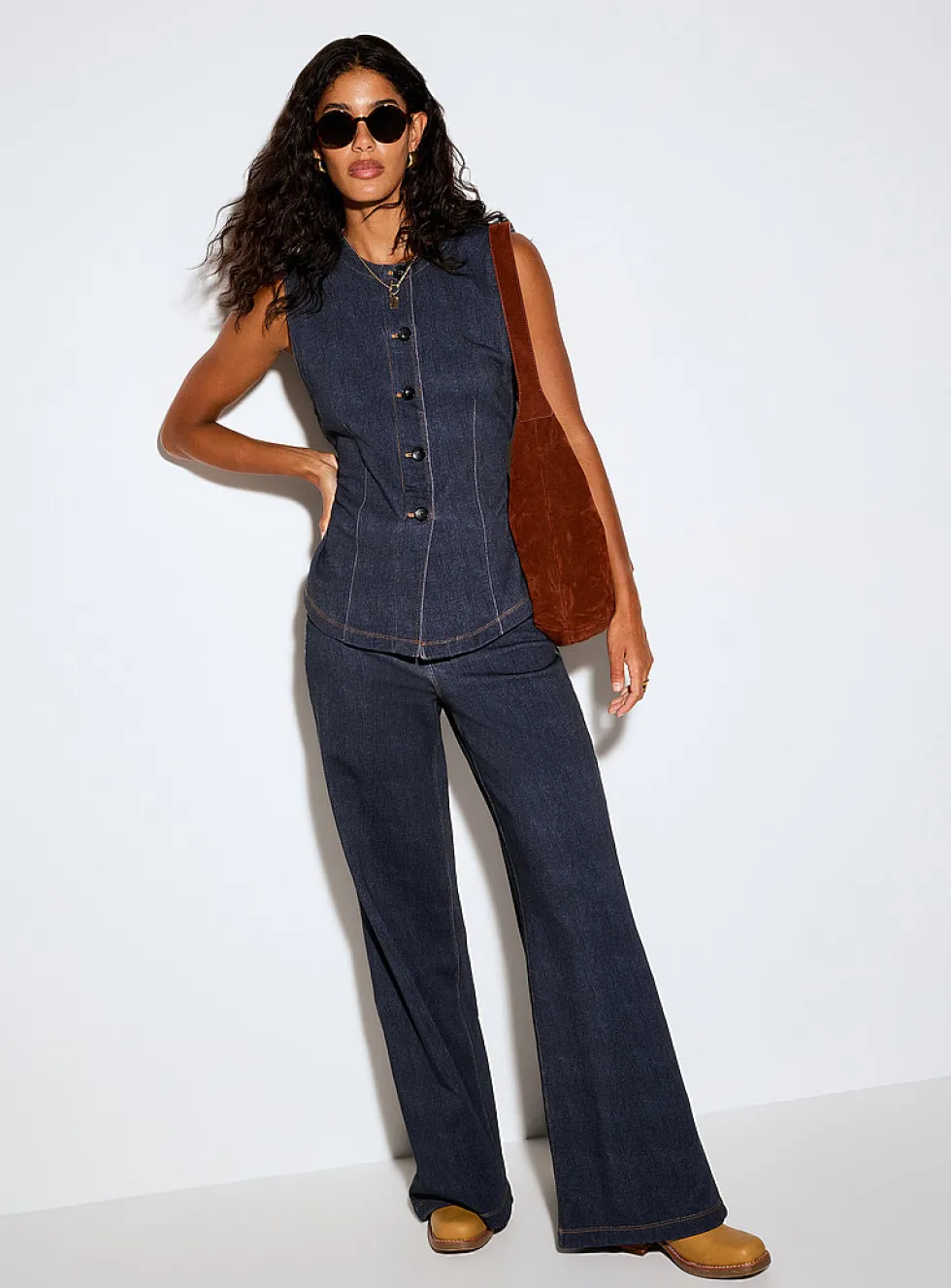 Terry underside faux-denim cinched waist vest