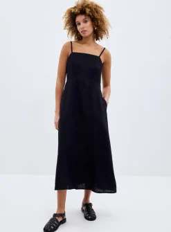 Thin straps black linen midi dress