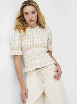 Touch of linen puff-sleeve smocked blouse