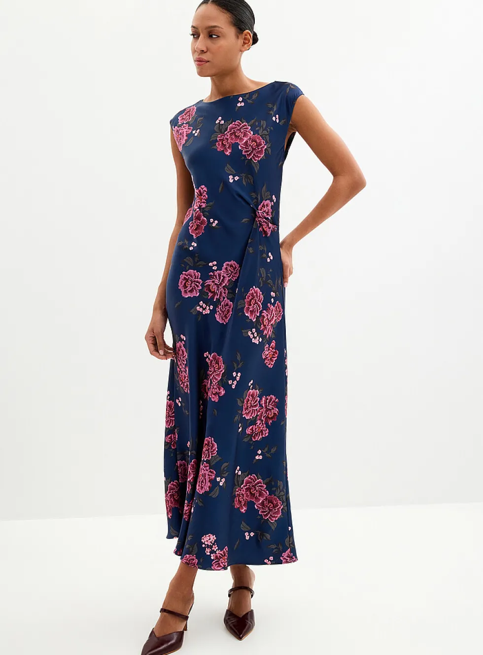 Twisted waist floral satin dress