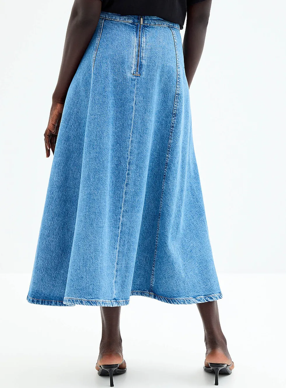 Vertical cutouts denim midi skirt