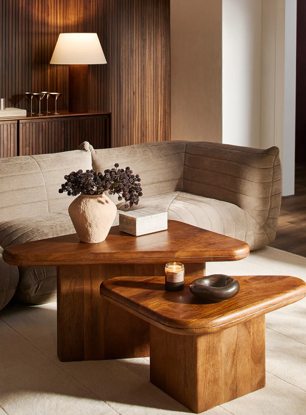 Walnut-finish triangular coffee tables