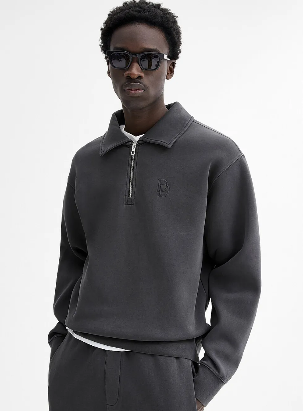 Washed double-knit jersey polo sweatshirt