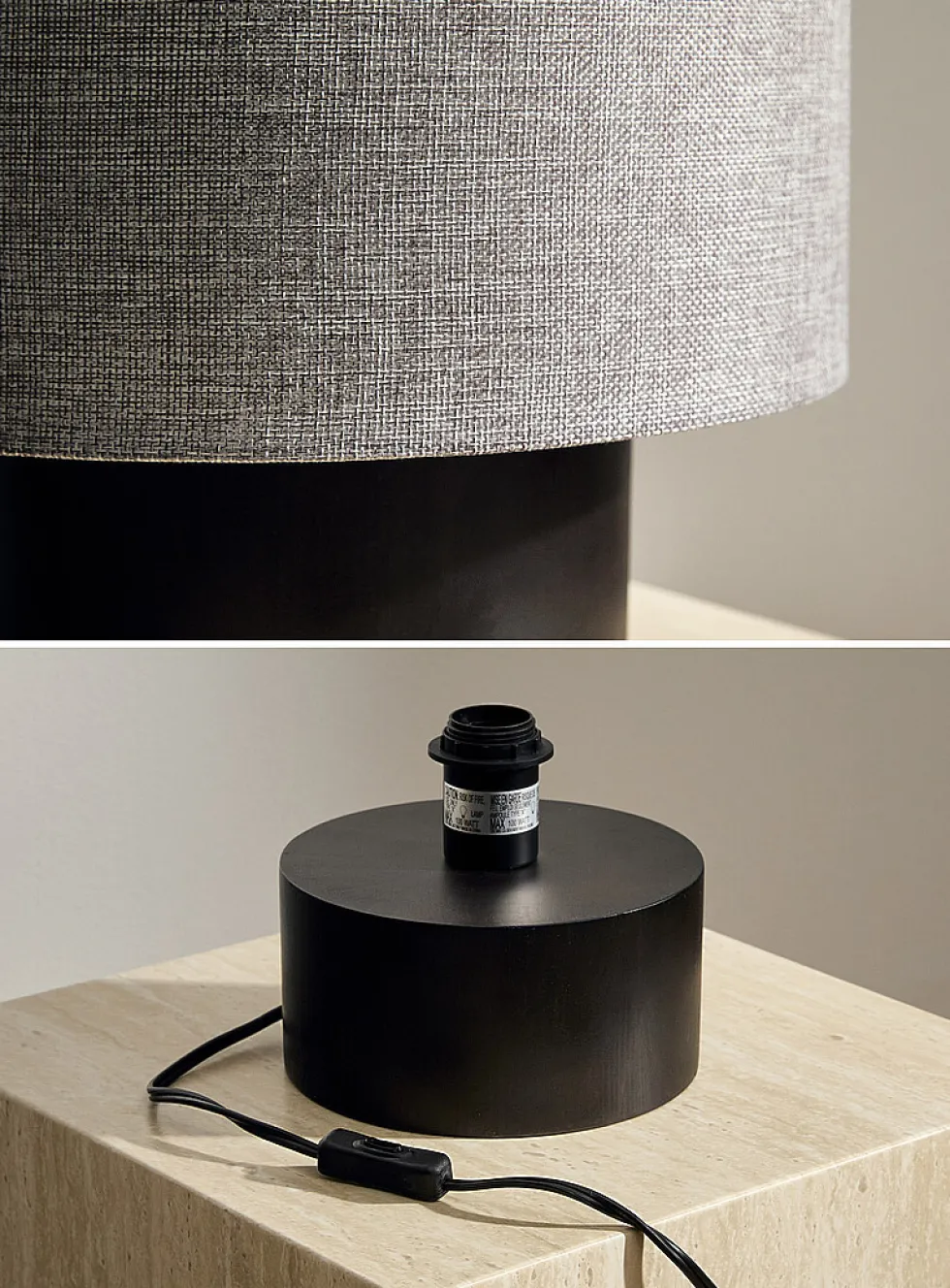 Wood and linen cylinder table lamp