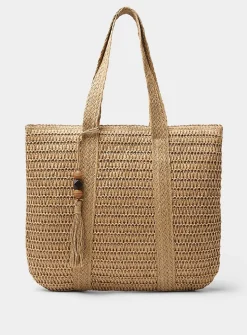 XL braided straw tassel-charm tote bag